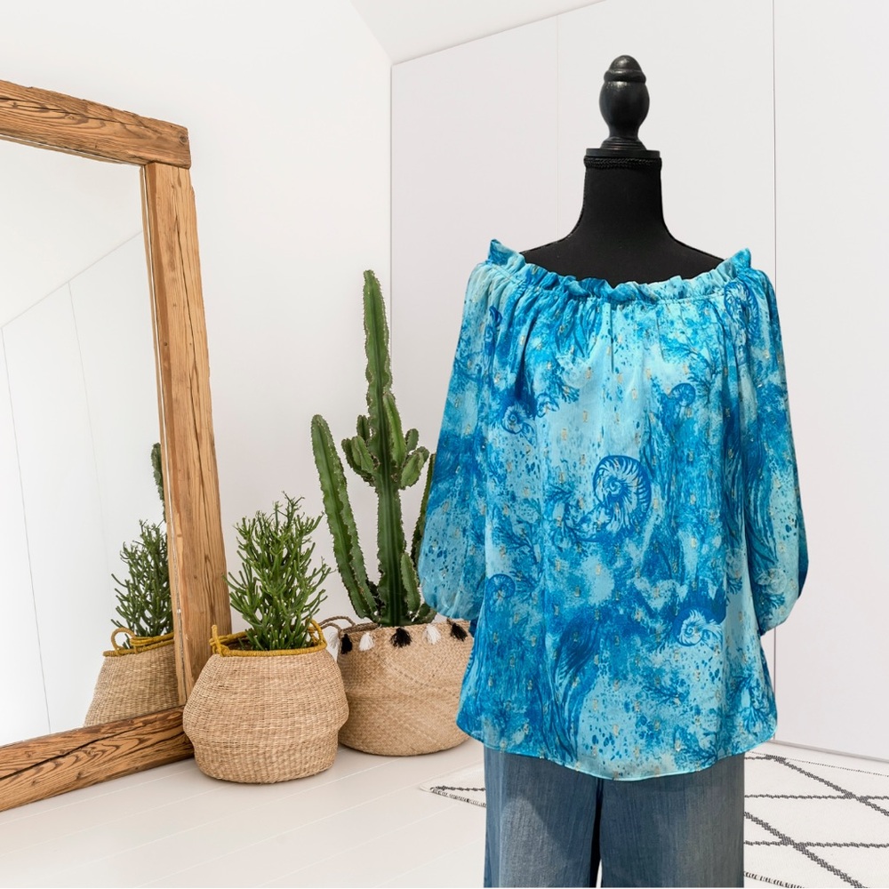White House Black Market Sea Shell Gold Flake Off Shoulder Top
